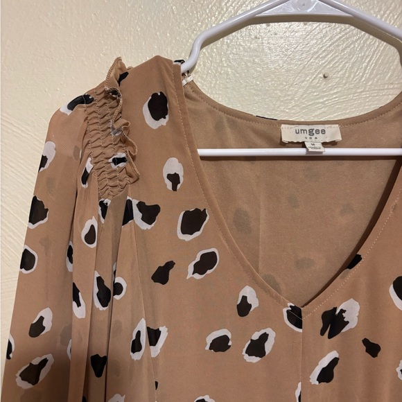 Umgee Tan Leopard Print Boho Babydoll Dress Long Sleeve Size M - Picture 7 of 9